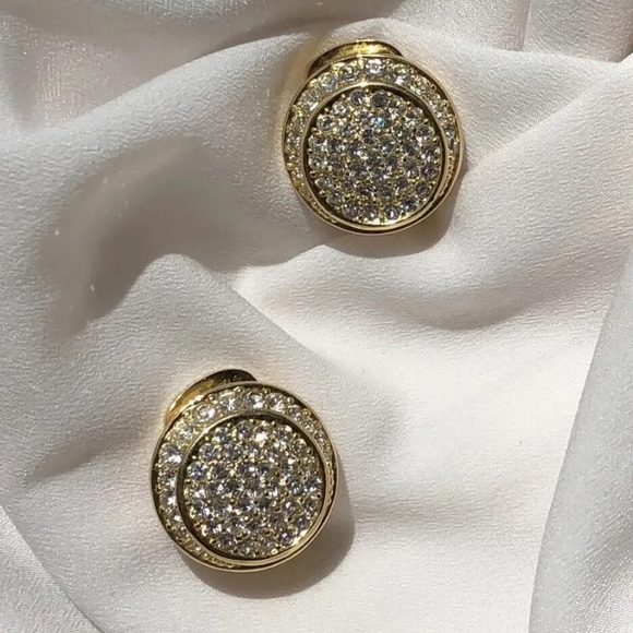 Vintage Christian Dior Crystal Gold Plated Round Clip On Earrings Signed - Picture 3 of 6
